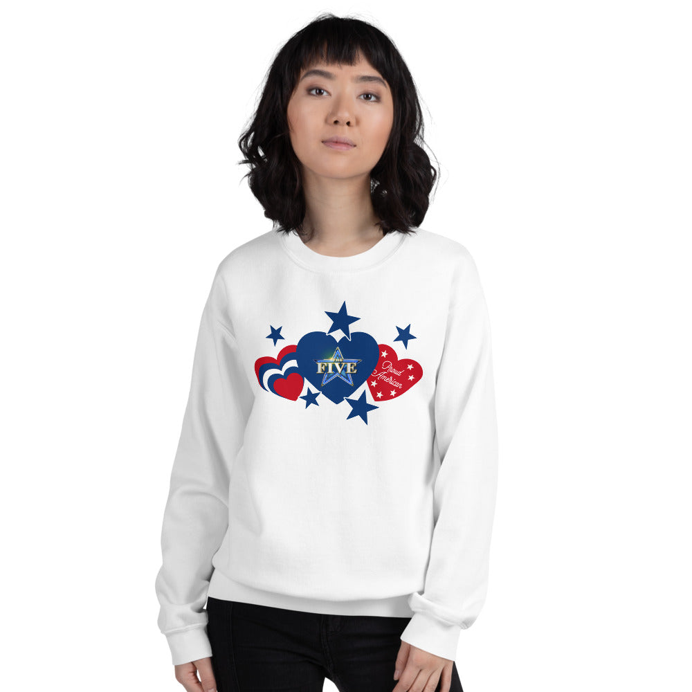 An everyday American man smiling while wearing the patriotic The Five sweatshirt in a comfortable home environment.