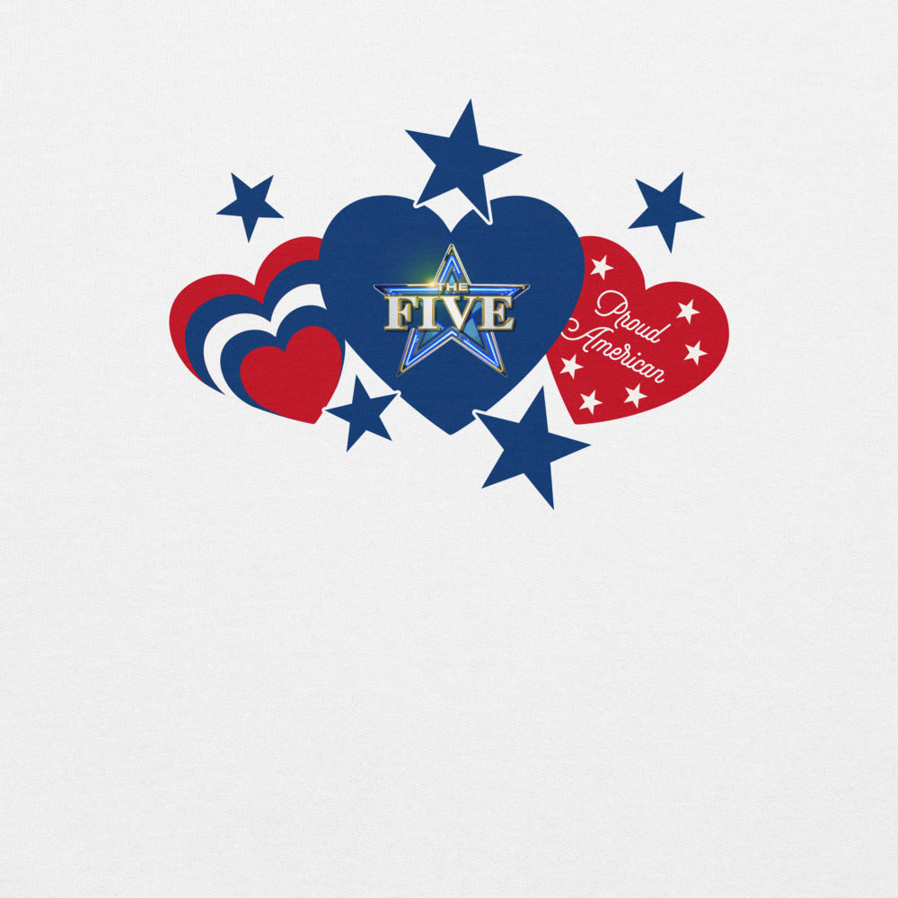 Detail of the soft fabric and crisp FOX News logo on the Proud American Hearts and Stars sweatshirt.