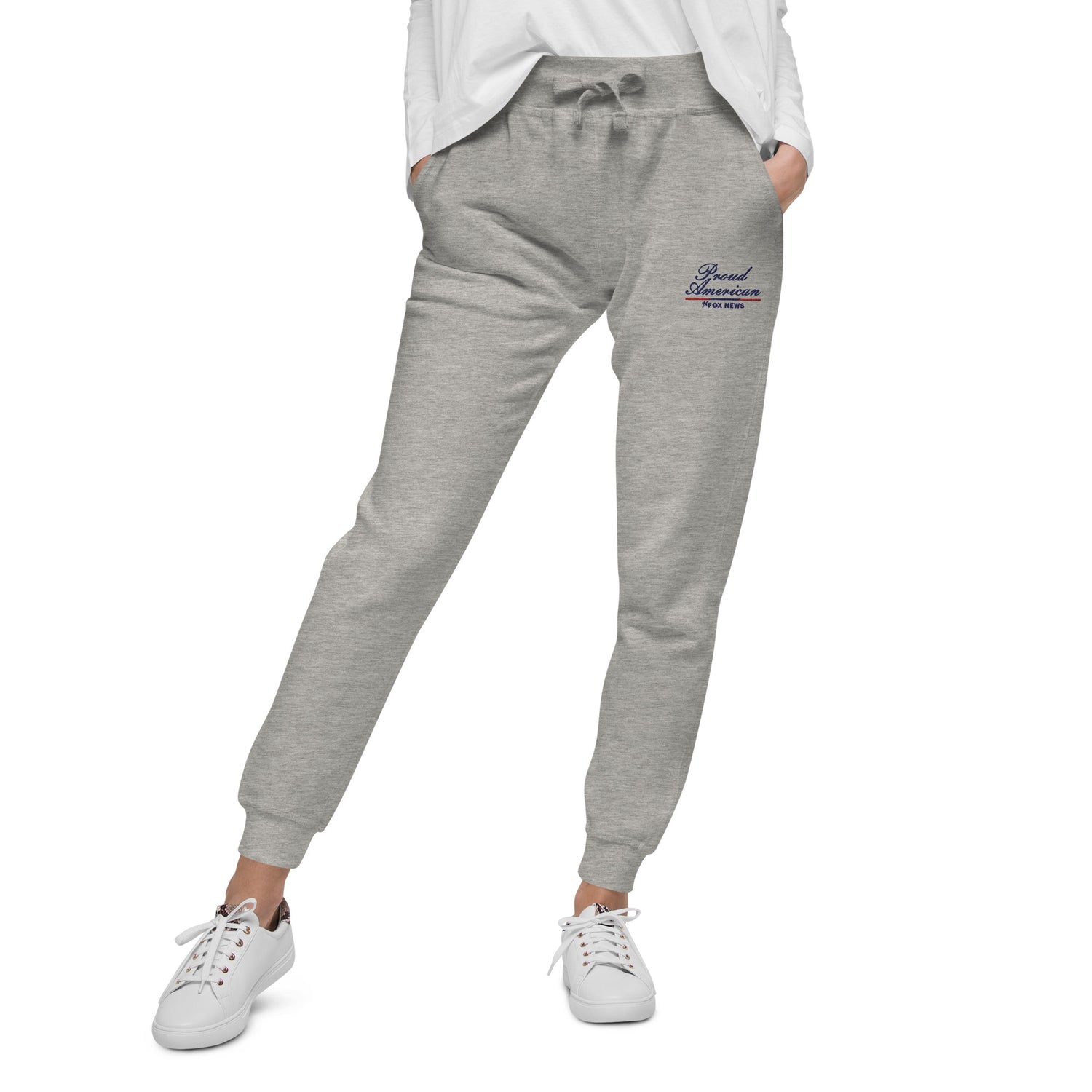A neutral product showcase highlighting the soft texture and quality fabric of the FOX News branded sweatpants.