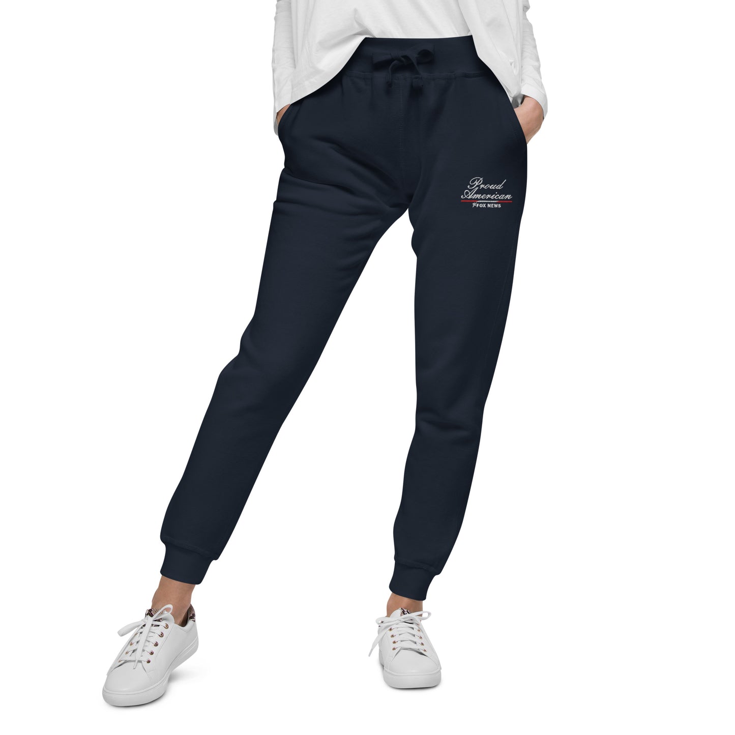 A clean, professional studio shot of the FOX News Proud American sweatpants displayed in classic grey and navy colorways.