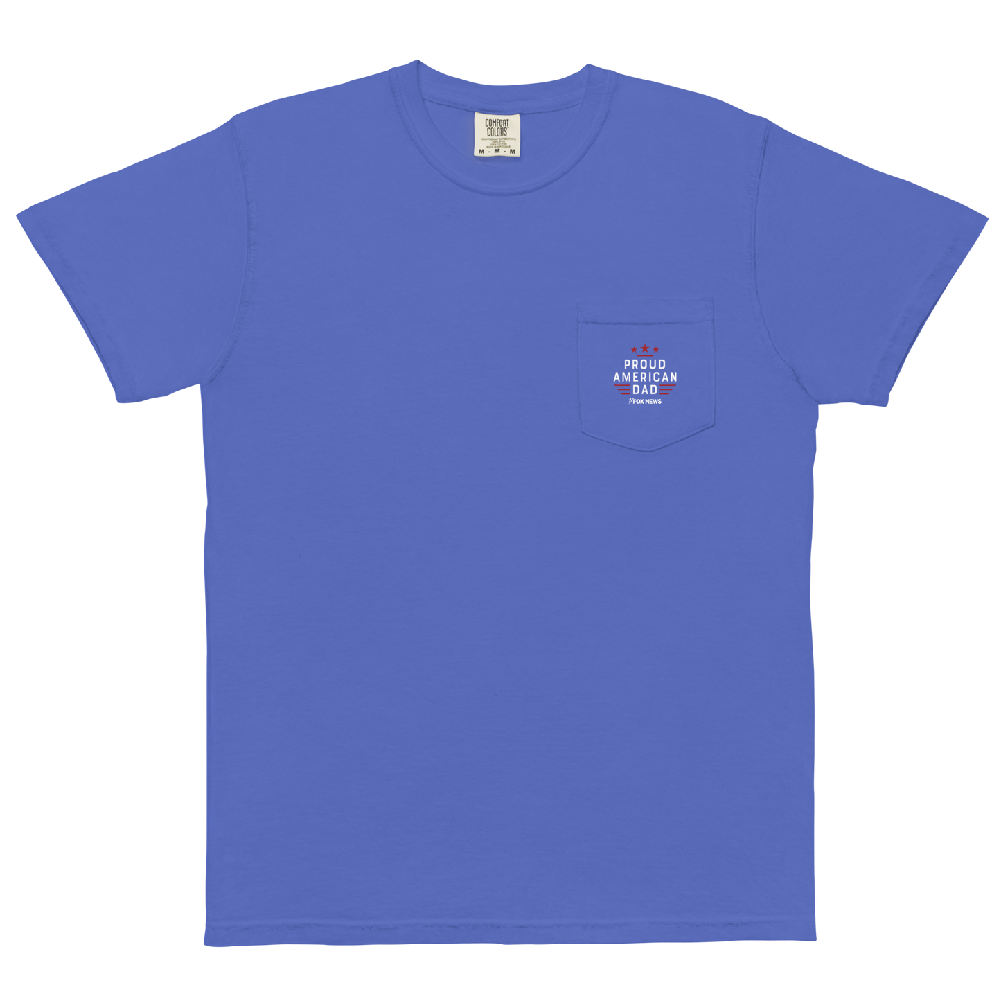 A White FOX News Proud American Dad t-shirt displayed in a clean suburban home setting.