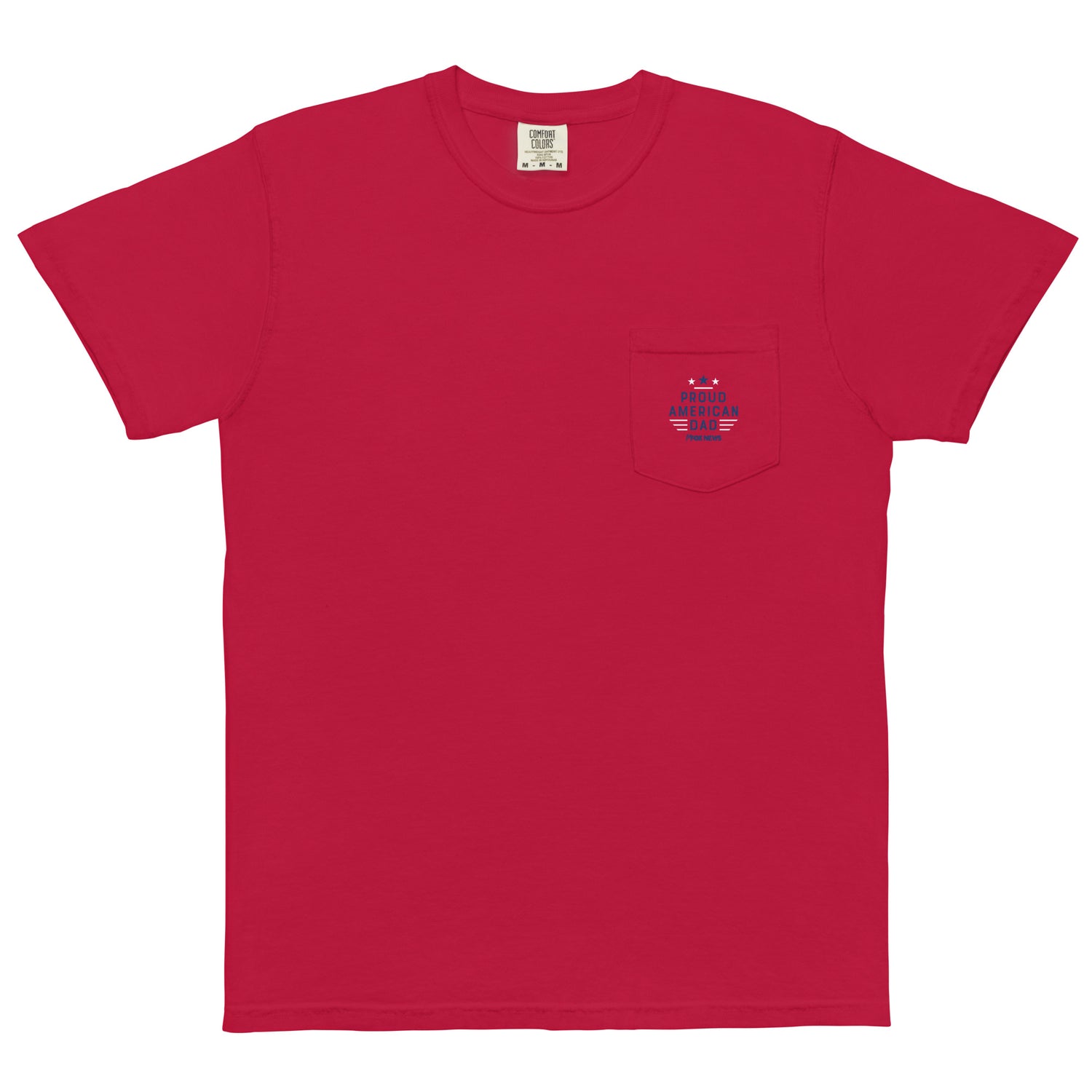 A man in a modern American backyard wearing a Navy Blue FOX News Proud American Dad pocket t-shirt.