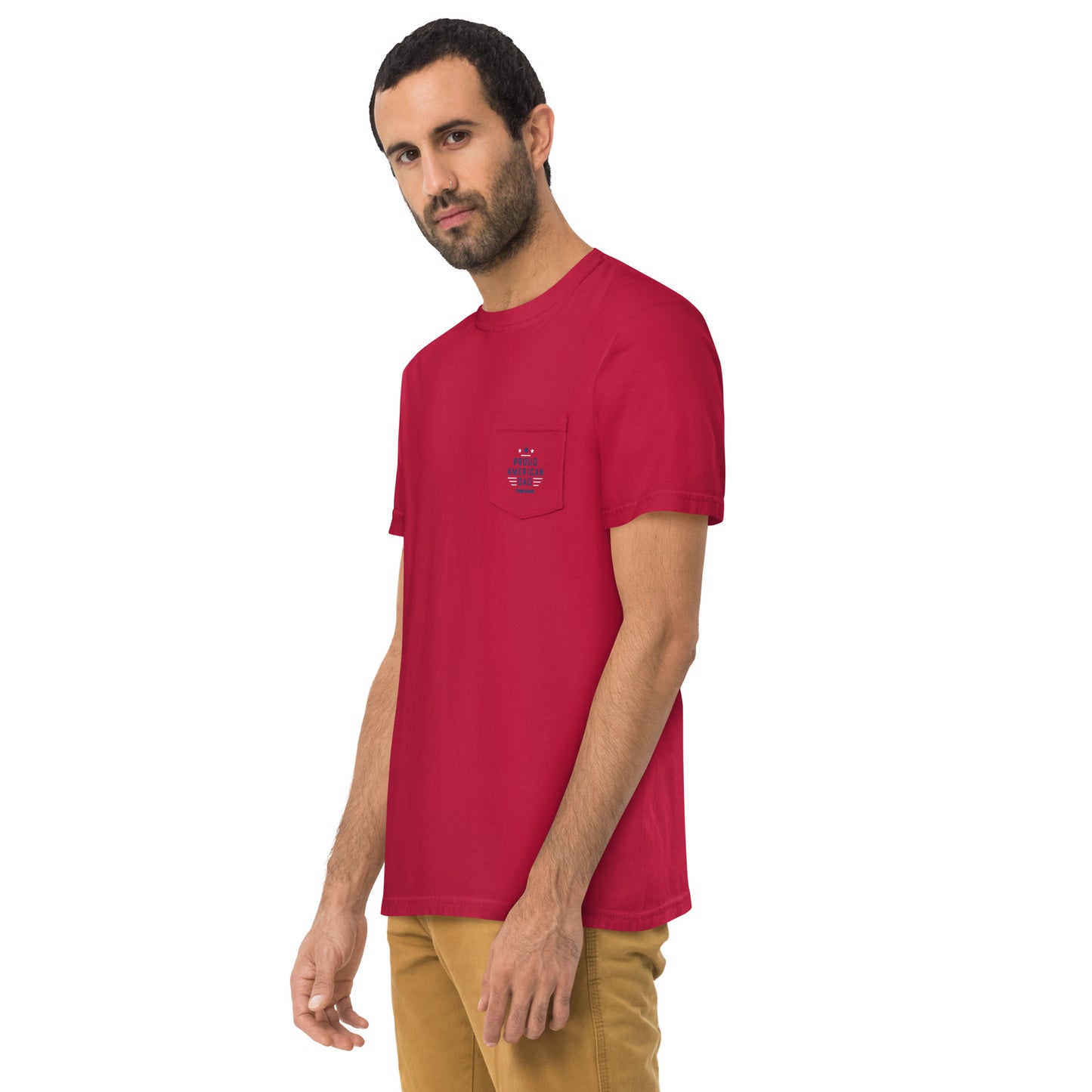 Front view of the FOX News Proud American Dad pocket t-shirt in Red, White, and Blue variants.
