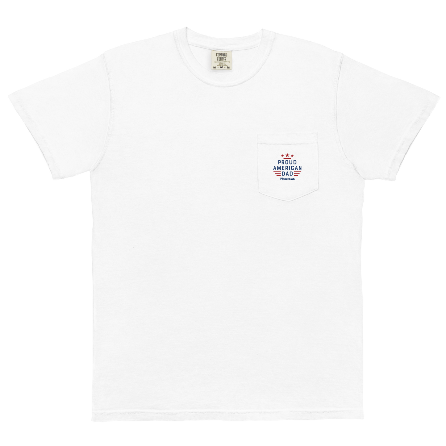 Close-up of the Red FOX News Proud American Dad shirt showing the crisp logo placement on the chest pocket.