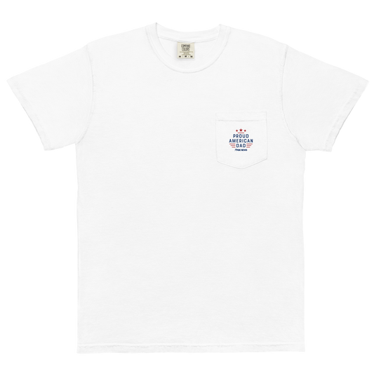 Close-up of the Red FOX News Proud American Dad shirt showing the crisp logo placement on the chest pocket.