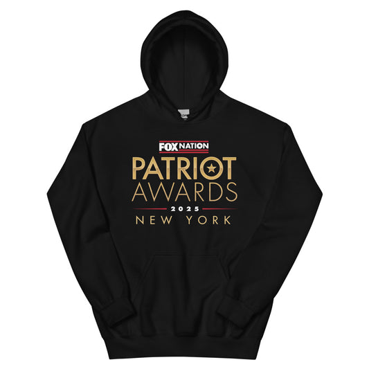 A front view of the black FOX Nation Patriot Awards 2025 Hoodie showing the crisp logo on the chest.