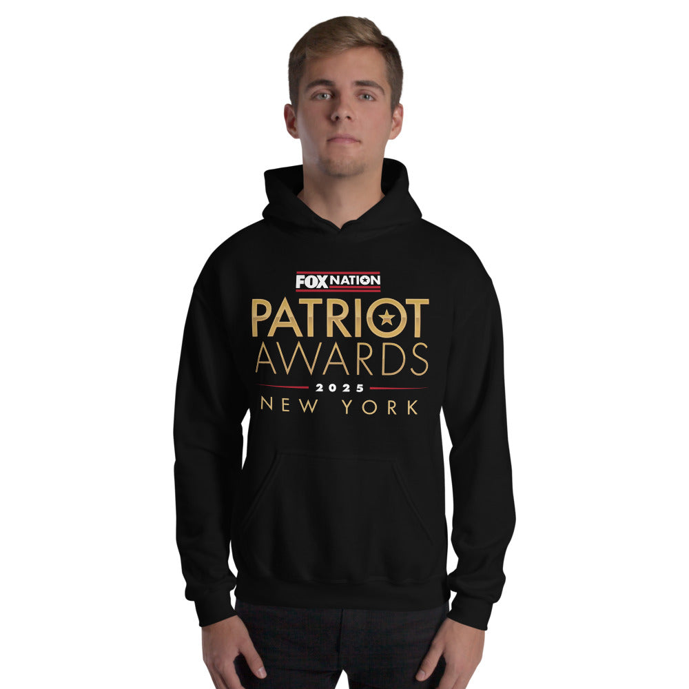 A close-up of the FOX Nation Patriot Awards 2025 design on the front of a royal blue hoodie.