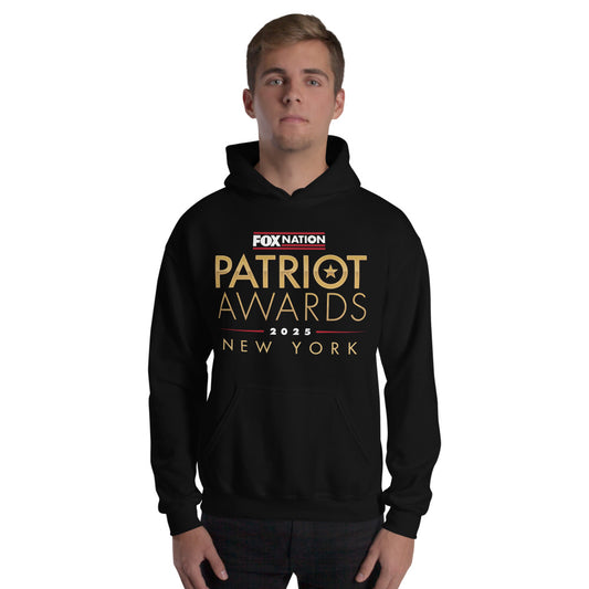 A close-up of the FOX Nation Patriot Awards 2025 design on the front of a royal blue hoodie.