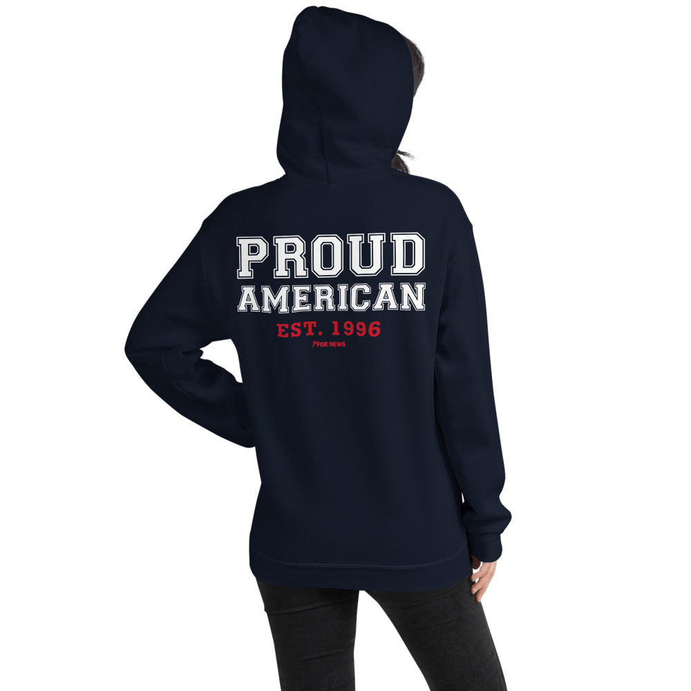 Close up of the crisp Proud American graphic and FOX News logo on a white fleece hoodie.