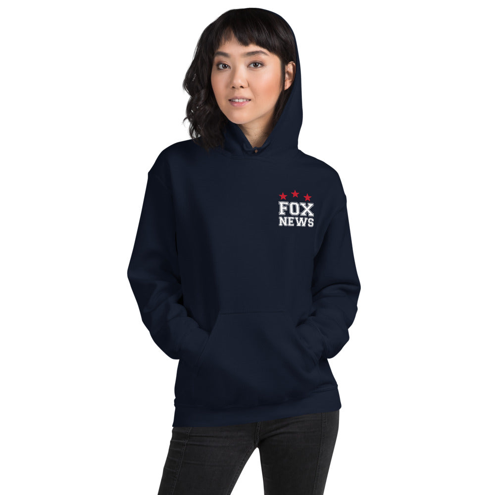 A patriot wearing a navy FOX News Proud American Hoodie in a clean American backyard setting.