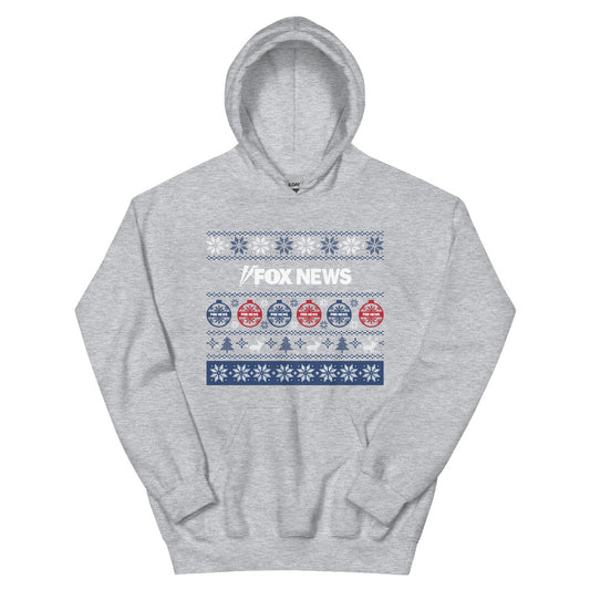 A front view of the grey FOX News Holiday Unisex Hoodie featuring a crisp FOX News logo design in a suburban American home setting.