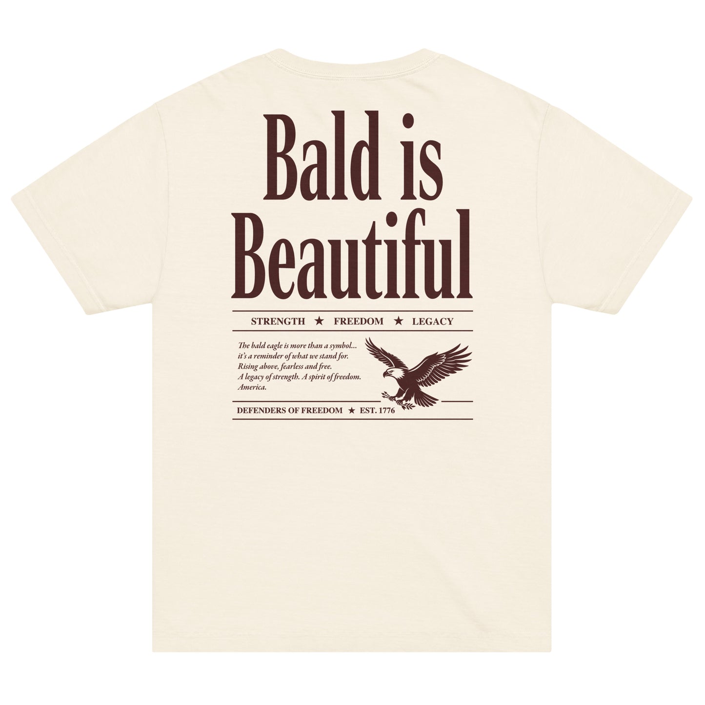 FOX News oversized t-shirt in a clean American living room, featuring the Bald is Beautiful graphic on the front chest
