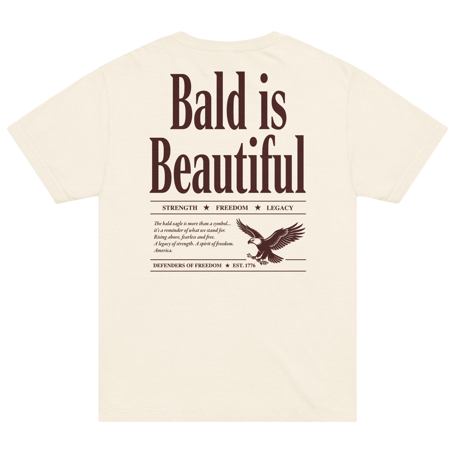 FOX News oversized t-shirt in a clean American living room, featuring the Bald is Beautiful graphic on the front chest
