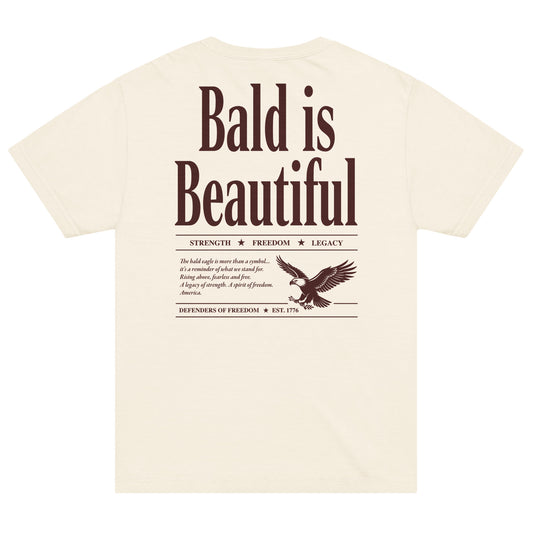 FOX News oversized t-shirt in a clean American living room, featuring the Bald is Beautiful graphic on the front chest