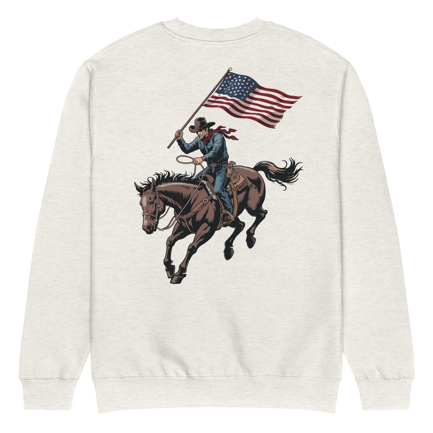 Front view of the FOX News American Cowboy sweatshirt in a clean American living room setting, featuring the bold Western design on the chest