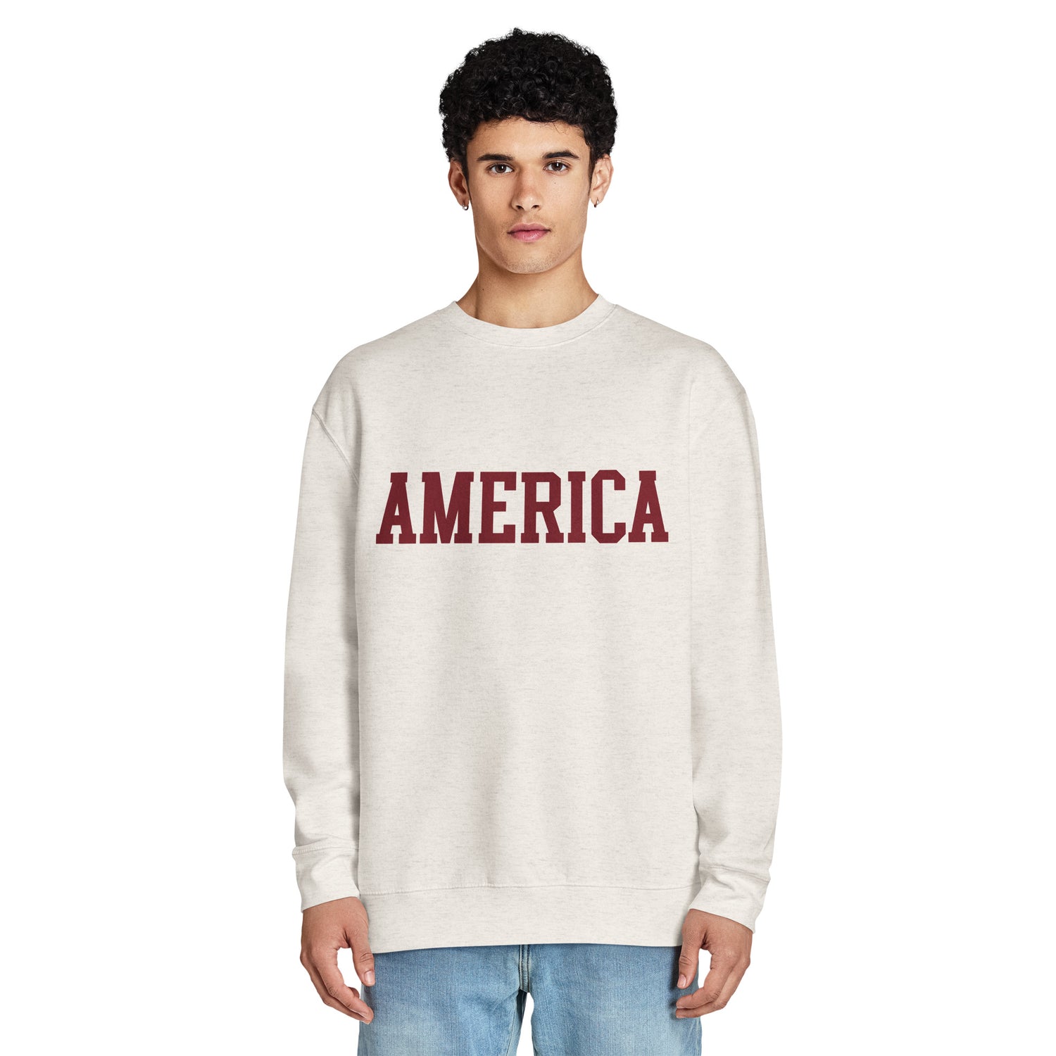 Back view of the solid-color sweatshirt displayed in a bright suburban home environment