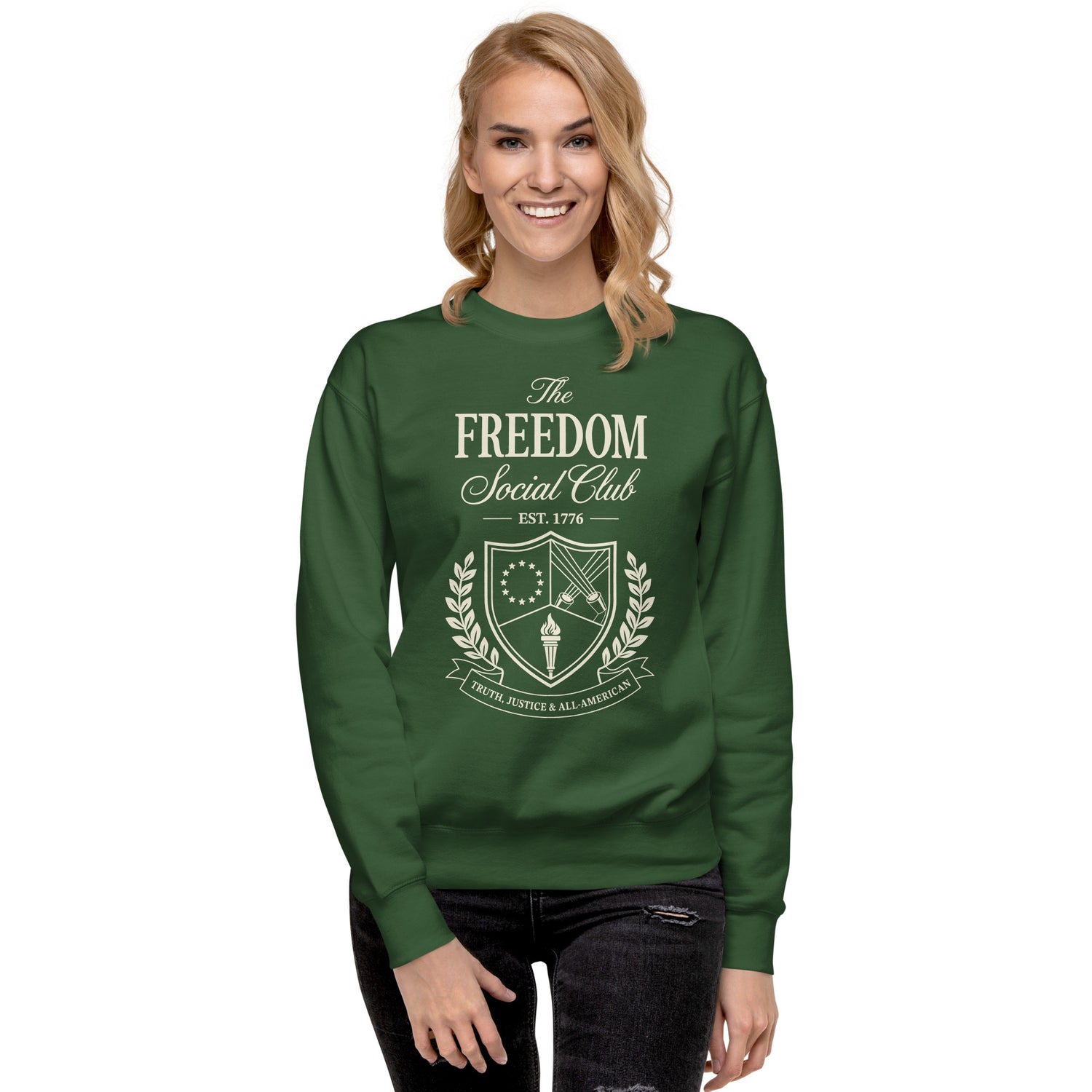 Green crewneck sweatshirt featuring The Freedom Social Club design and FOX News logo on the front