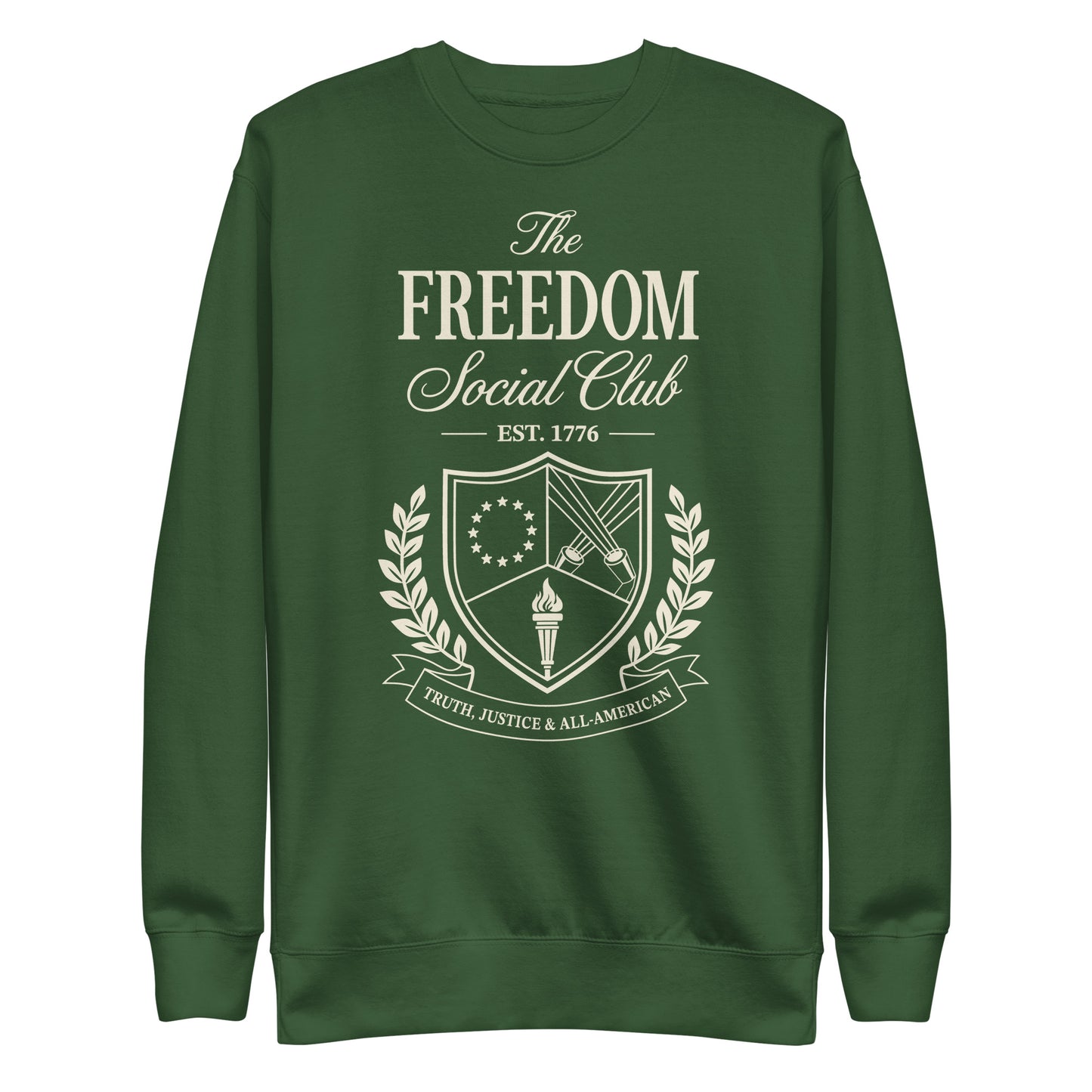 Navy crewneck sweatshirt with The Freedom Social Club graphic and FOX News branding centered on the front chest