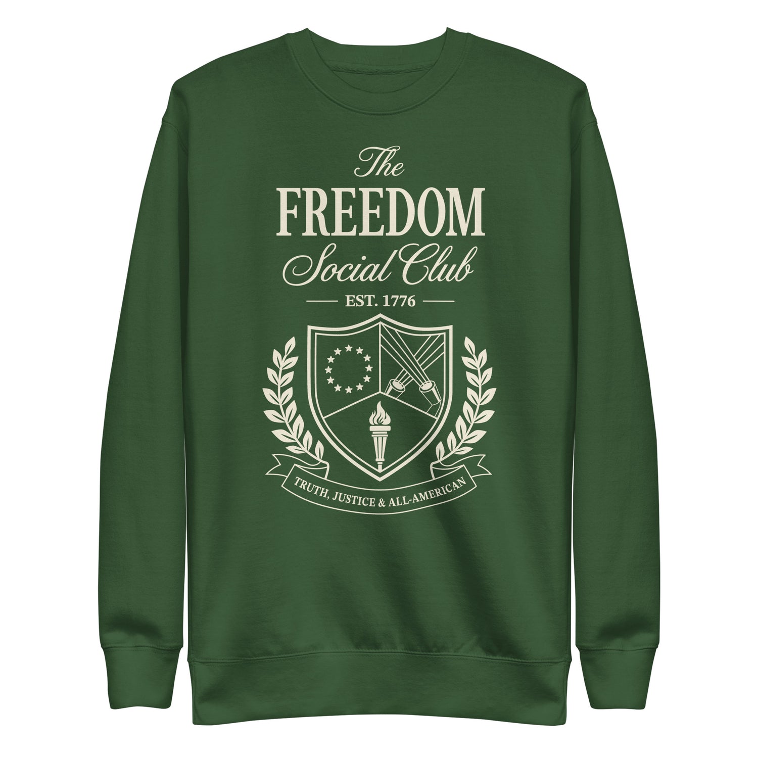 Navy crewneck sweatshirt with The Freedom Social Club graphic and FOX News branding centered on the front chest