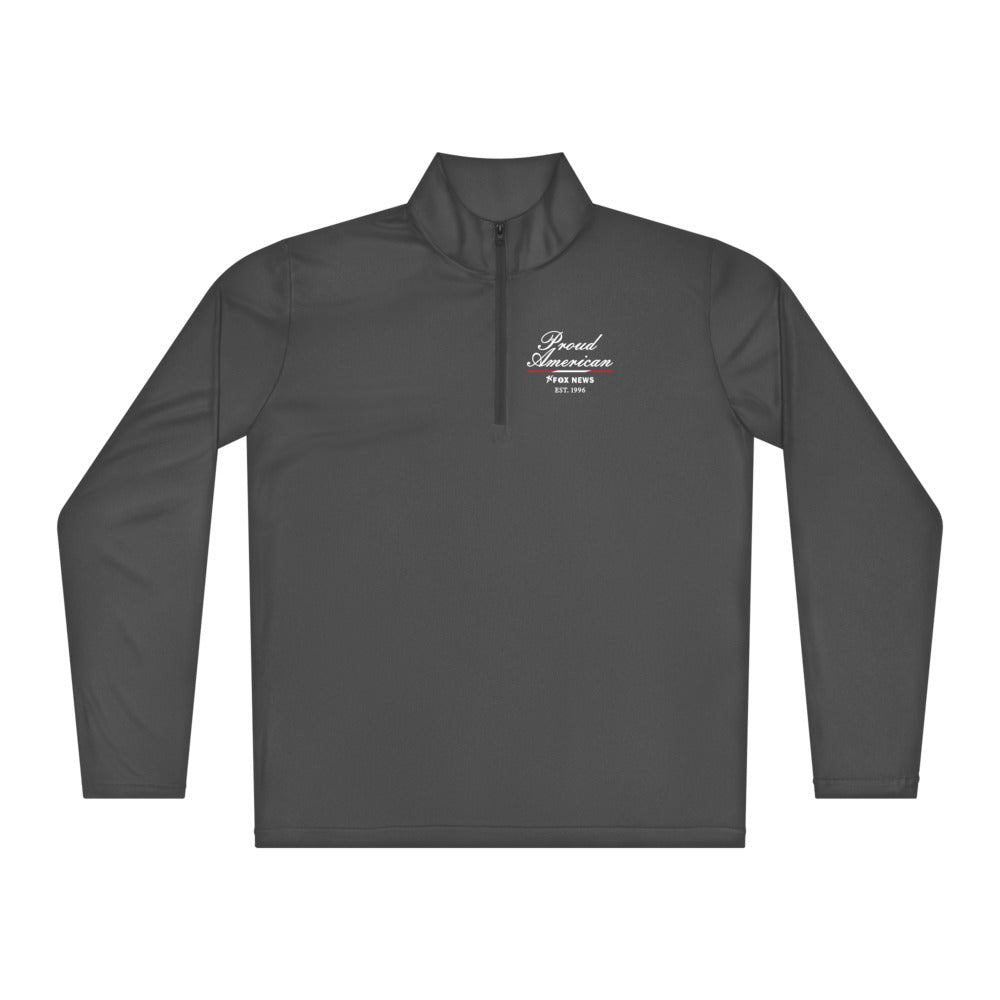 A front view of the Navy FOX News Proud American Quarter Zip Pullover on a clean American home background.