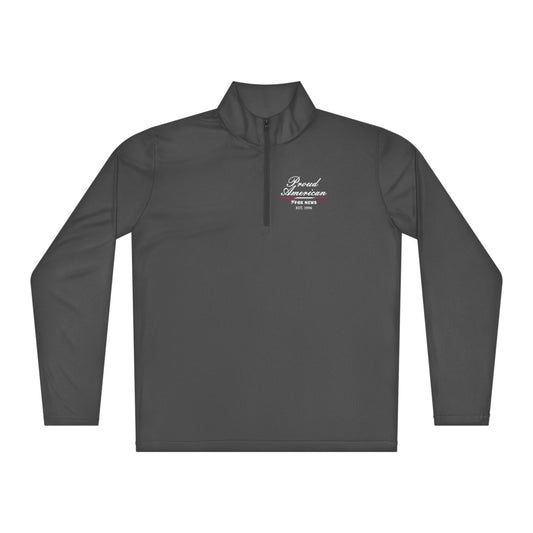 A front view of the Navy FOX News Proud American Quarter Zip Pullover on a clean American home background.