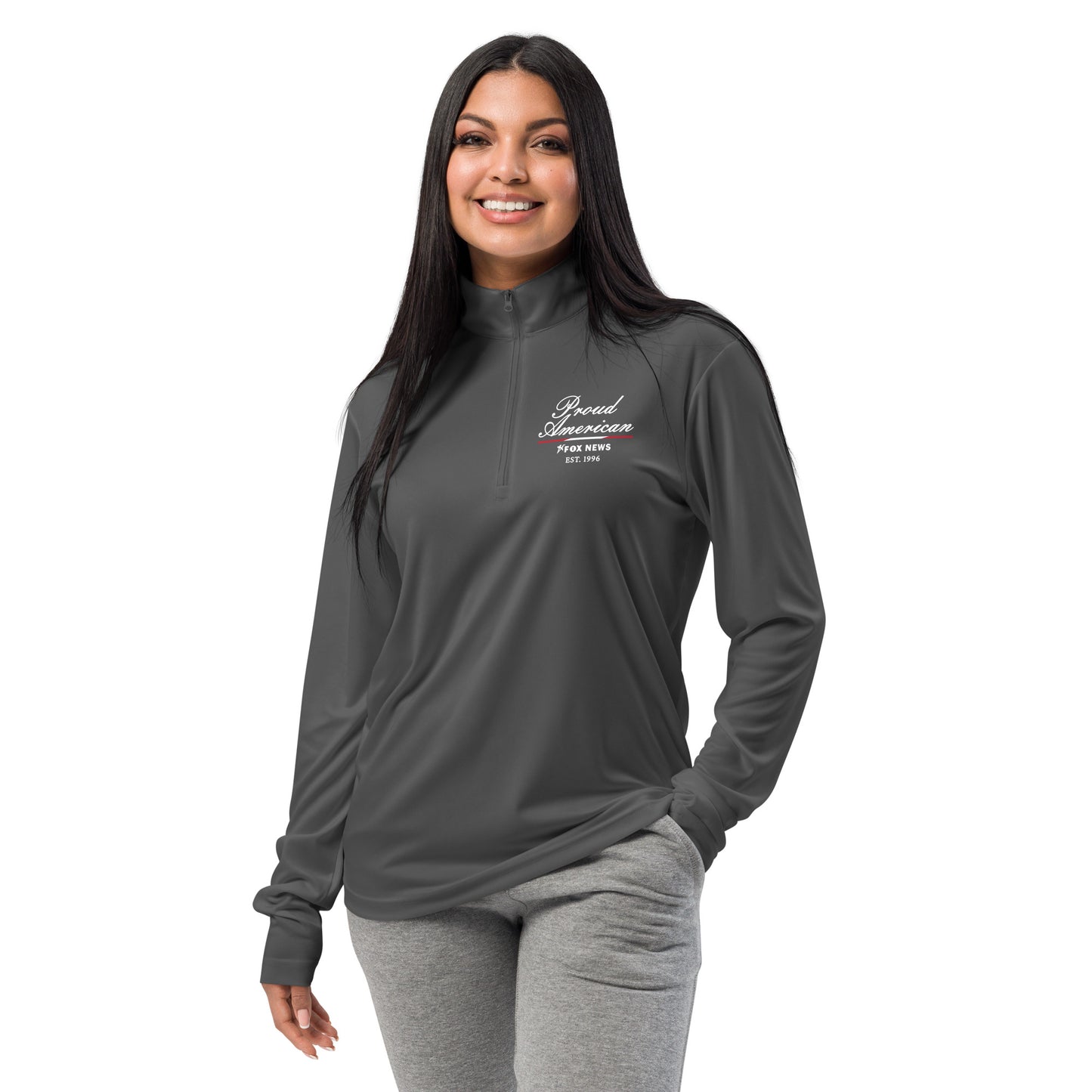 The Iron Grey FOX News Proud American Quarter Zip Pullover shown from a professional side angle.