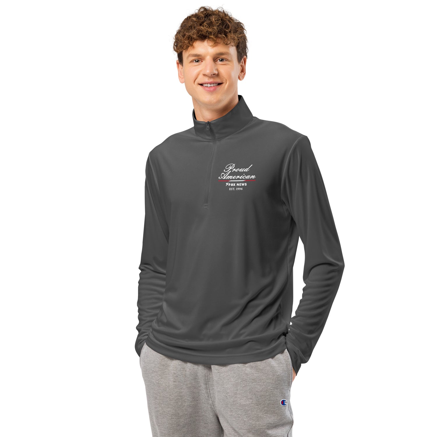 Close-up of the crisp FOX News logo and Proud American graphic on the chest of the Navy pullover.