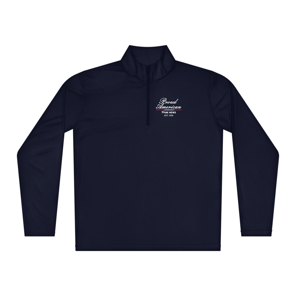 A lifestyle shot of a man wearing the FOX News pullover in a comfortable suburban backyard setting.