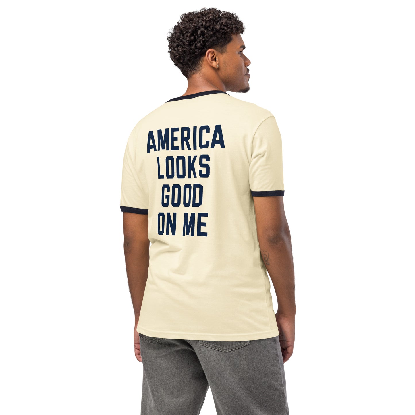 Back view of the white ringer t-shirt, showing the plain white cotton back and red sleeve binding