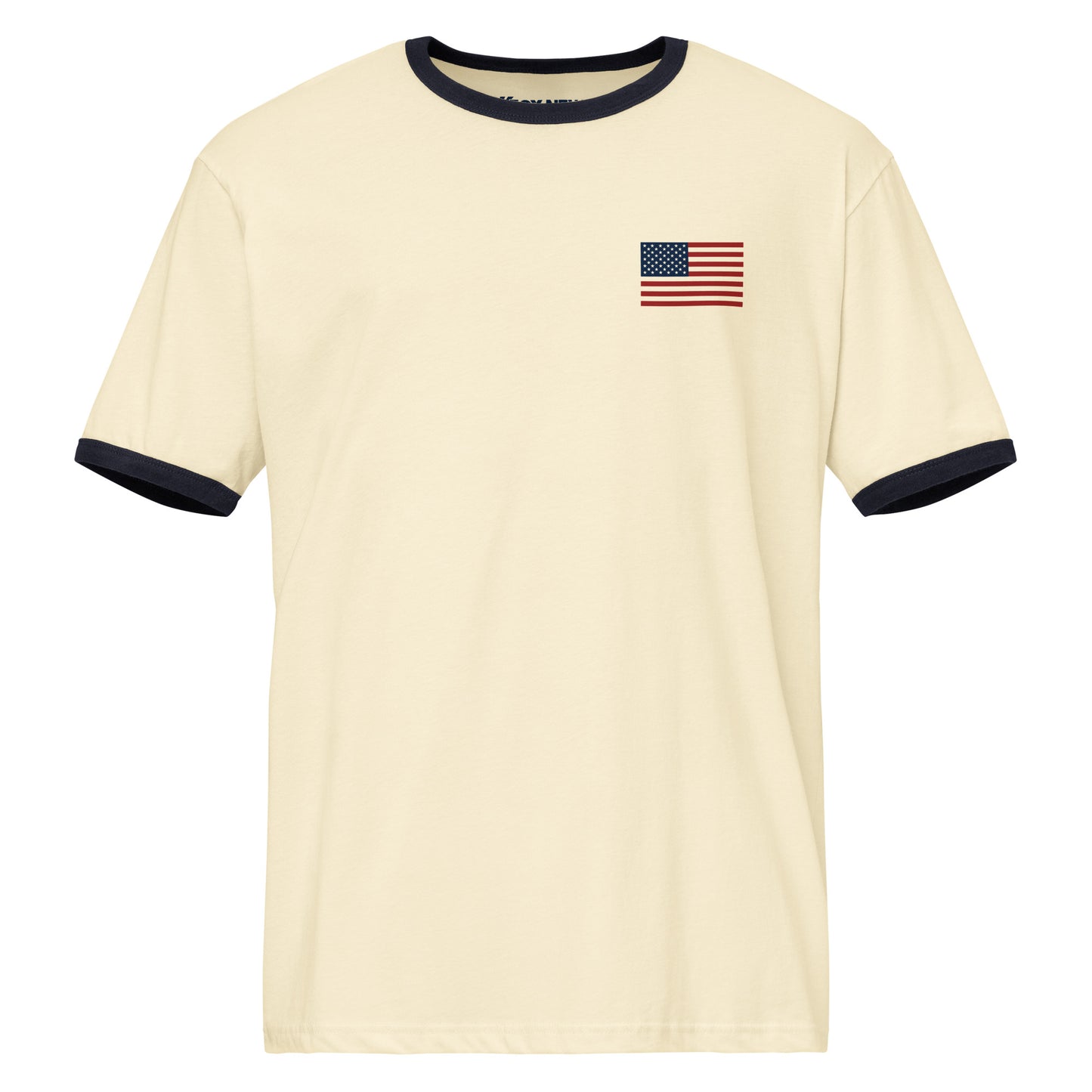Close-up of the chest graphic on the white ringer t-shirt, displaying the bold Fox News logo and America Looks Good On Me lettering