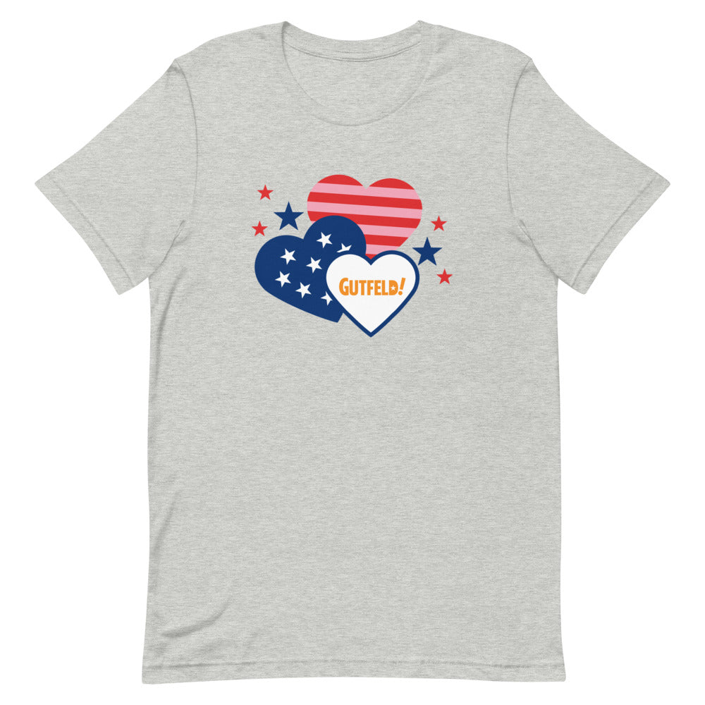 The Gutfeld! Hearts Unisex T-Shirt in Athletic Heather displayed in a clean American home setting.