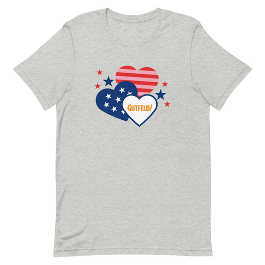 The Gutfeld! Hearts Unisex T-Shirt in Athletic Heather displayed in a clean American home setting.