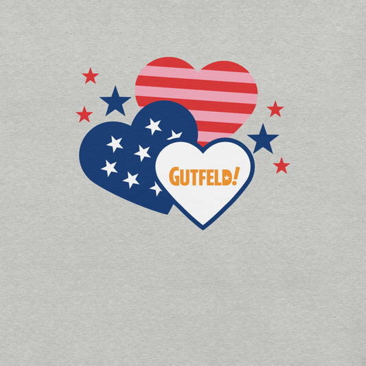 Close-up of the official FOX News Gutfeld! logo and heart design on a Lilac t-shirt.