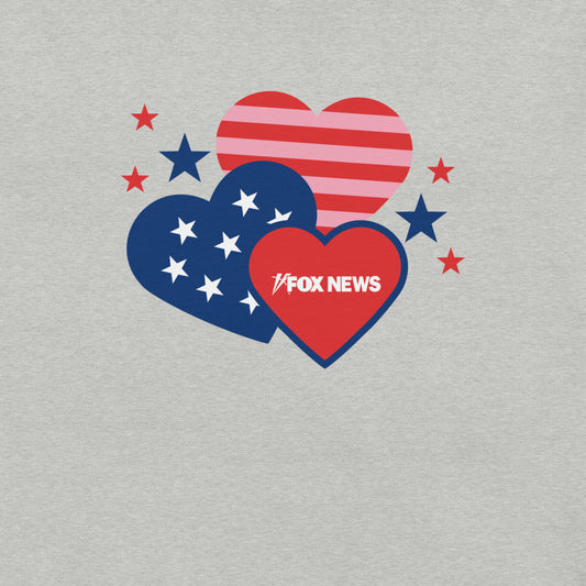 Close-up view of the heart graphic and *FOX News* logo printed on a high-quality Athletic Heather cotton T-shirt.