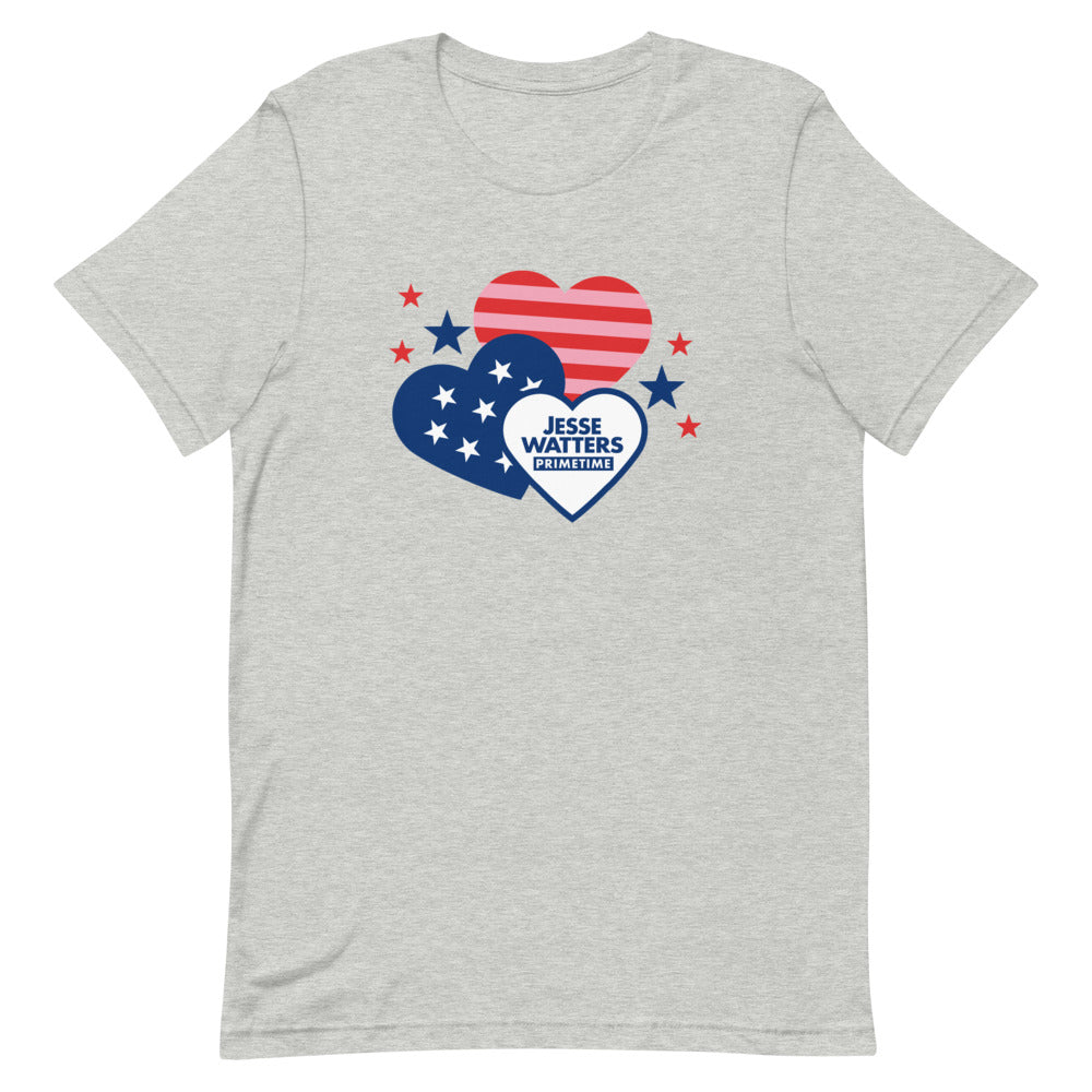 A man wearing the Jesse Watters Primetime Hearts T-Shirt while standing in a clean American suburban backyard setting.