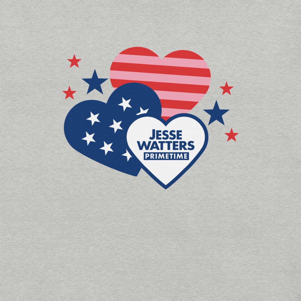 Close-up of the Jesse Watters Primetime Hearts graphic on a crisp white T-shirt showing the logo detail.