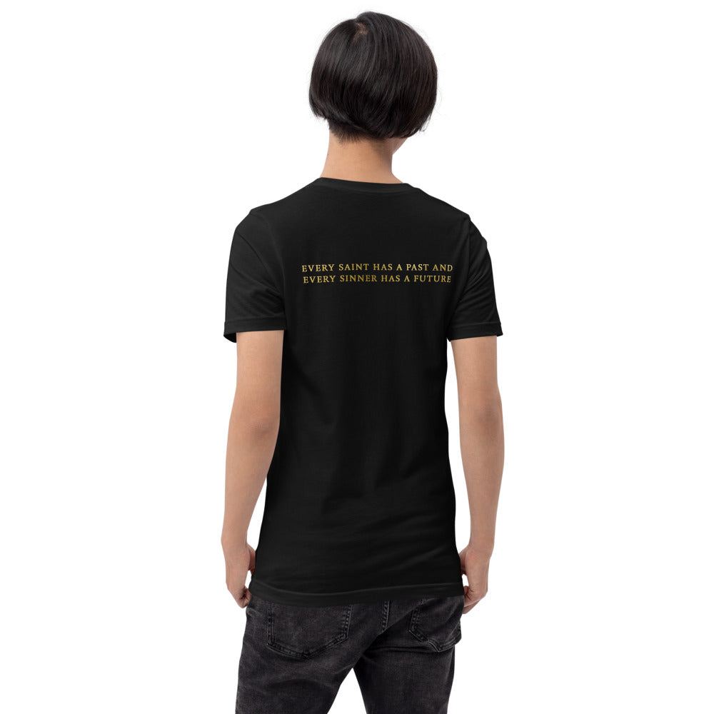 A detailed shot focusing on the neckline and official branding of the t-shirt.