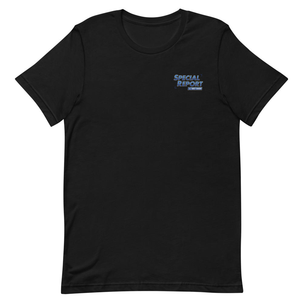 A modern American living room with a person wearing the FOX News Special Report with Bret Baier unisex t-shirt.