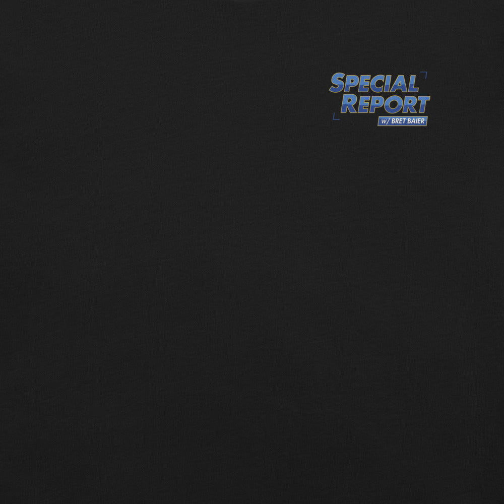 Close-up shot of the FOX News logo and Special Report branding crisply presented on the t-shirt chest.