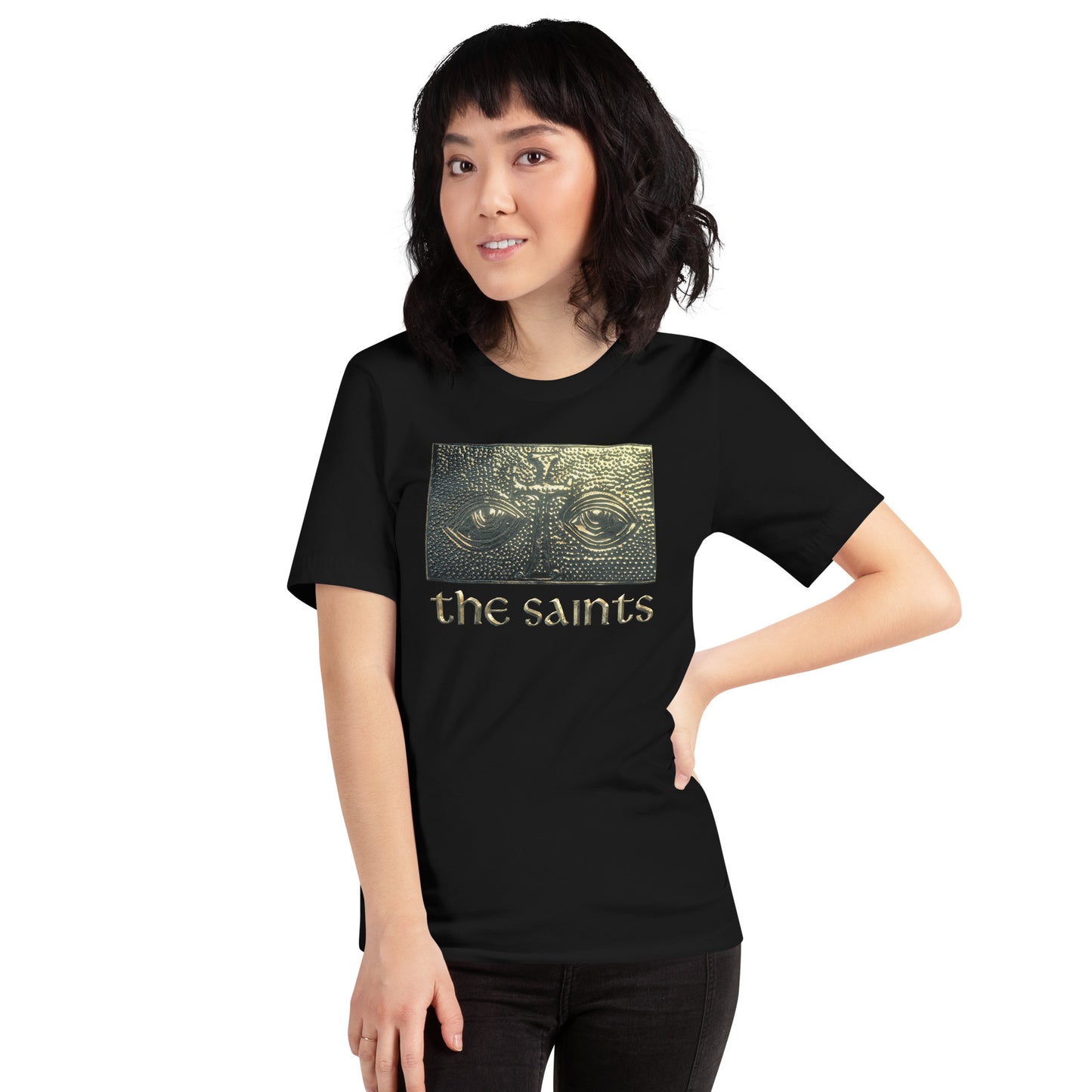 A side-angle view of the t-shirt highlighting the durable fabric construction and fit.
