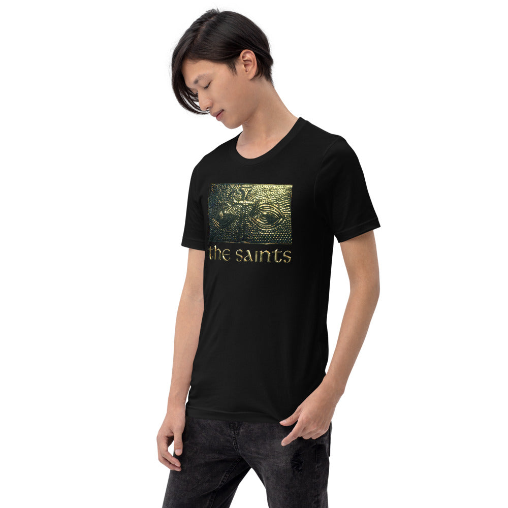 A lifestyle shot of an everyday American adult wearing the FOX Nation The Saints T-Shirt in a comfortable suburban setting.