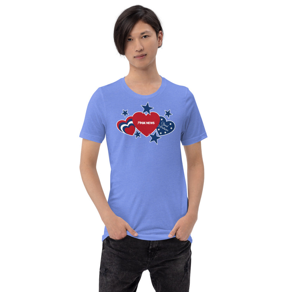A male model wearing the Heather Columbia Blue FOX News Proud American T-Shirt in a suburban backyard setting.