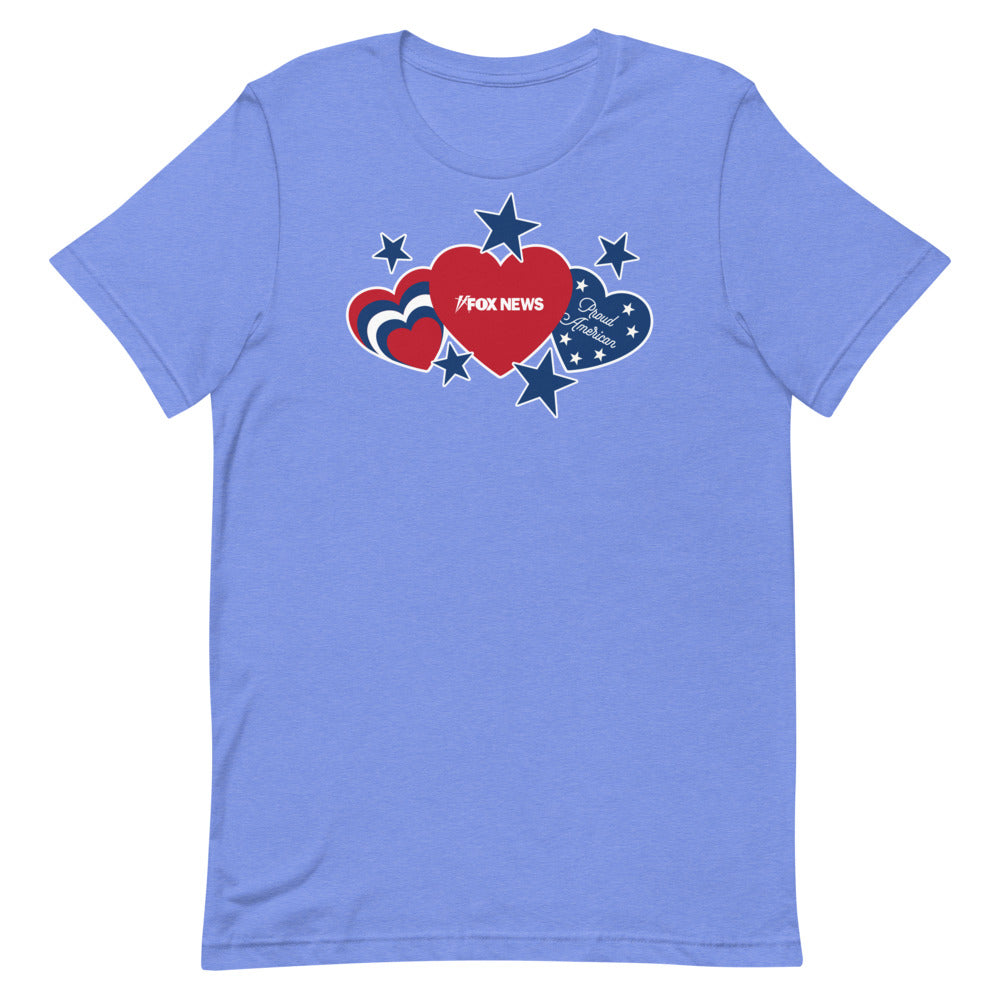 Front view of the FOX News Proud American Hearts and Stars T-Shirt in Red, showcasing the patriotic graphic in a clean American home setting.