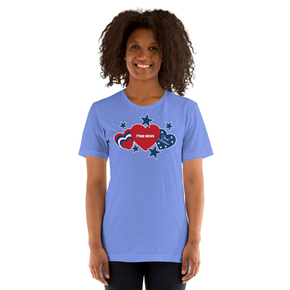 Rear view of the FOX News Proud American Hearts and Stars T-Shirt in Red, demonstrating the clean and professional fit.