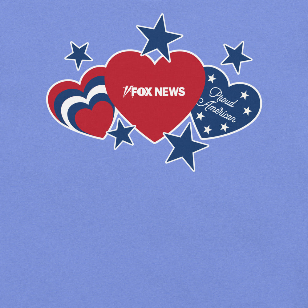 Close-up of the stars and hearts design on the FOX News Proud American T-Shirt, highlighting the crisp print quality.