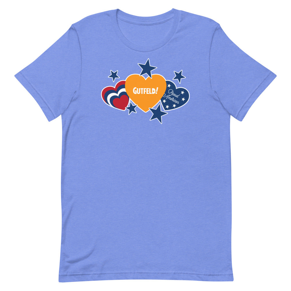 A patriot wearing the Gutfeld! Proud American Hearts And Stars T-Shirt in a comfortable American backyard setting.