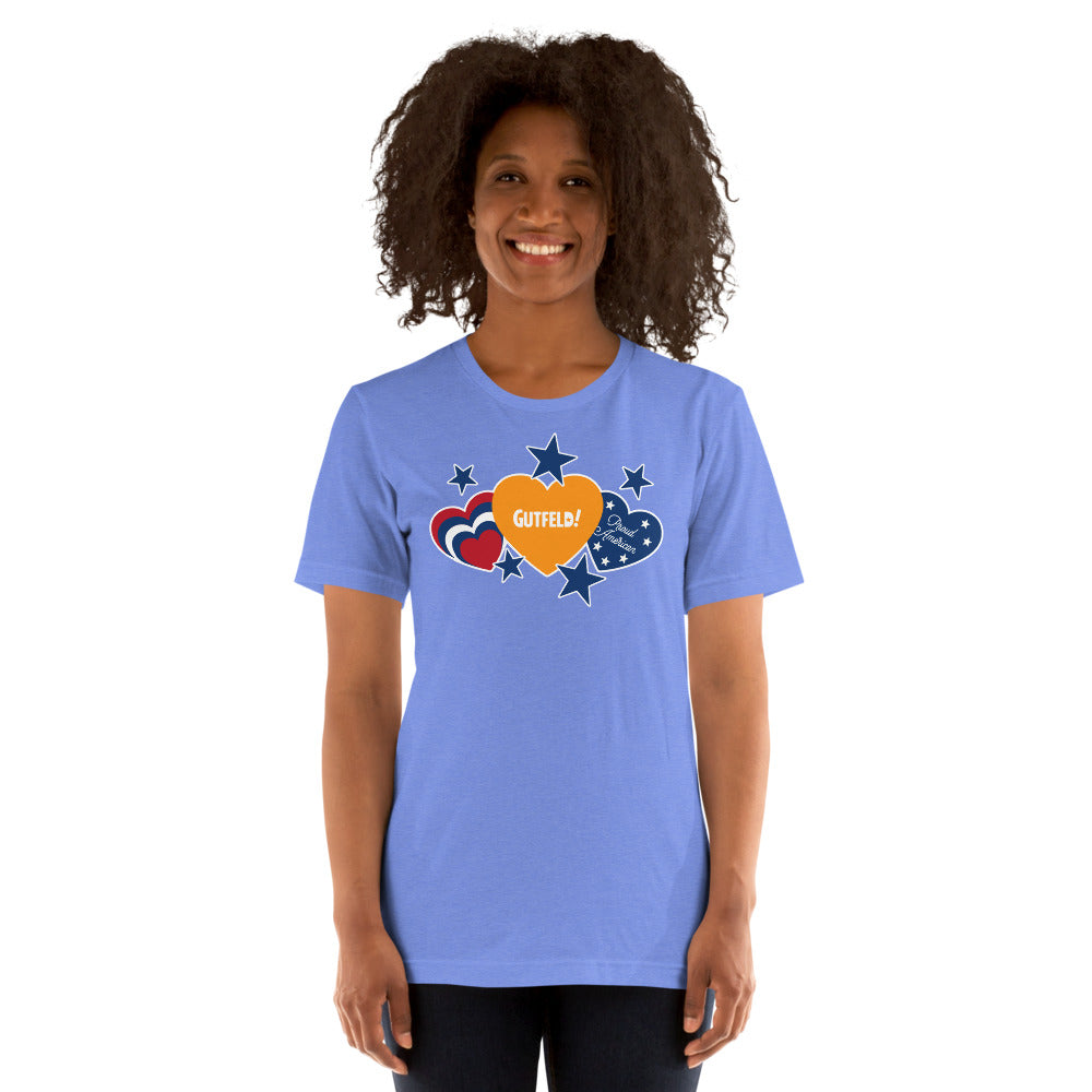 The Gutfeld! T-Shirt in Heather Columbia Blue displayed against a clean, modern American home background.