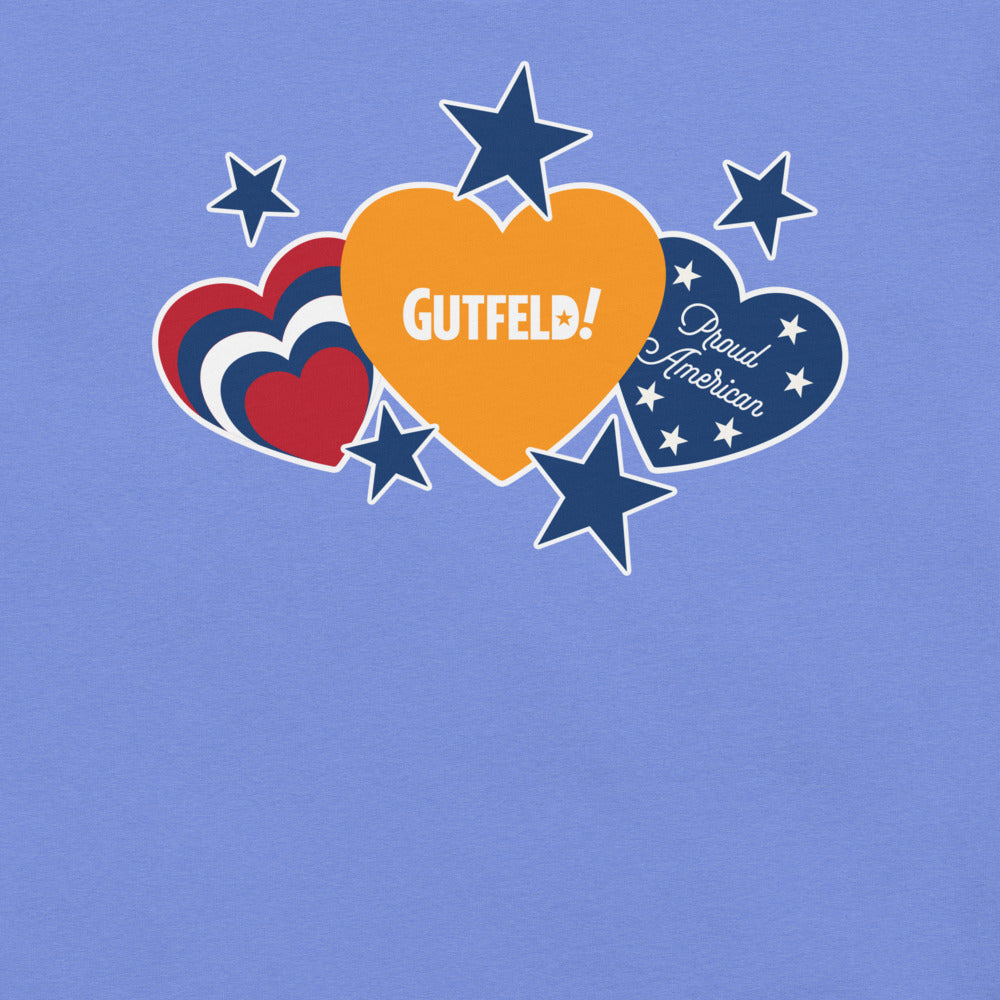 Close-up of the Gutfeld! Proud American graphic with the FOX News logo clearly visible on the shirt.