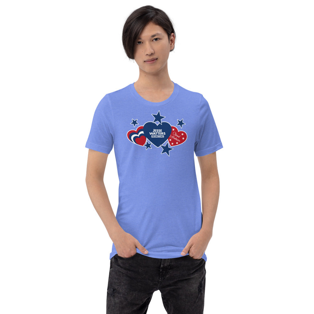 The Jesse Watters Proud American T-Shirt in Heather Columbia Blue displayed in a bright suburban home setting.