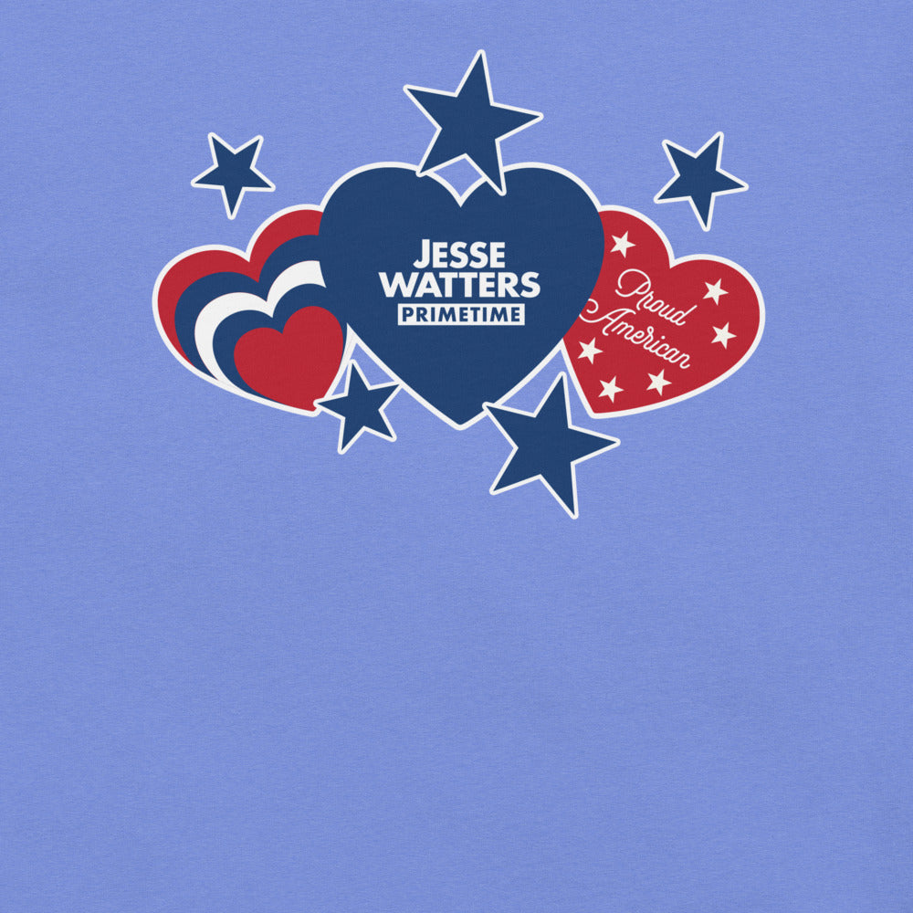 Close-up of the crisp hearts and stars graphic and FOX News logo on a red t-shirt.
